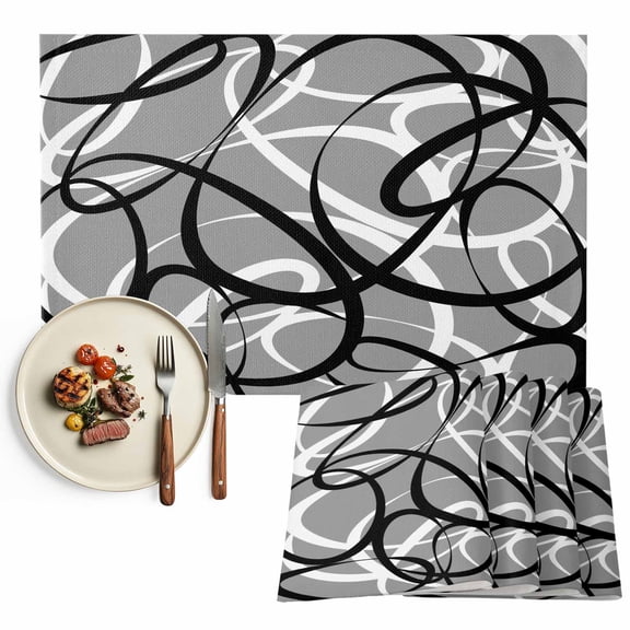 Placemats Set of 6, Grey Black Circle Lines Place Mats Stripe Modern Abstract Art Tablemats Washable Placemat Table Decoration for Kitchen Table Dinner Party Home Decor Indoor Outdoor 13x19 Inch