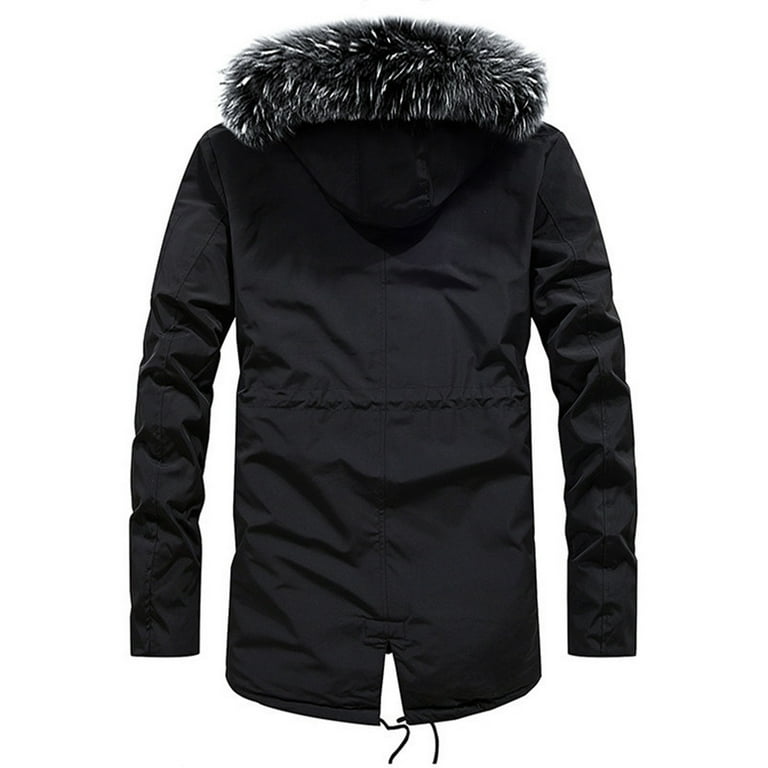 Mens Mid-length Jacket with Faux Fur Hood, Military Jacket Outdoor