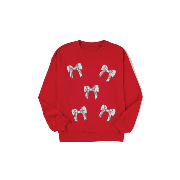 Plus Size Red Sequined Baseball Bow Graphic Sweatshirt for Casual Fall Style - [ZhiHiMeRi] | 2XL