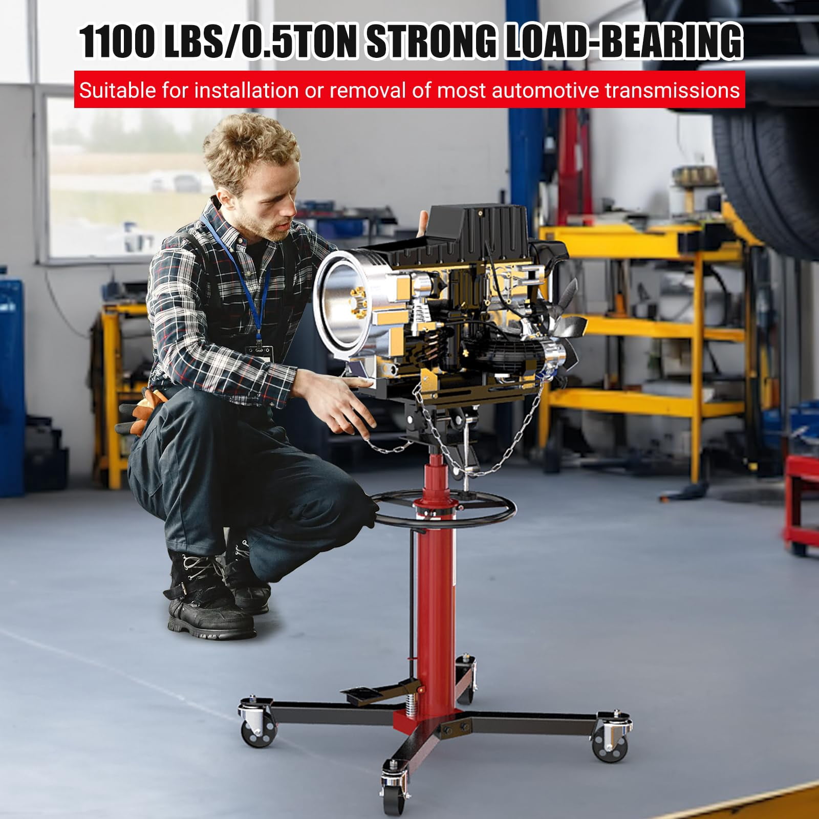 Transmission Jack, 1100 LBS Hydraulic Telescoping Transmission Jacks, 33.5 in-67 in High Lift, 2-Stage Transmission Jack Stand 1/2 T Capacity with Foot Pedal, 360° Swivel Wheel