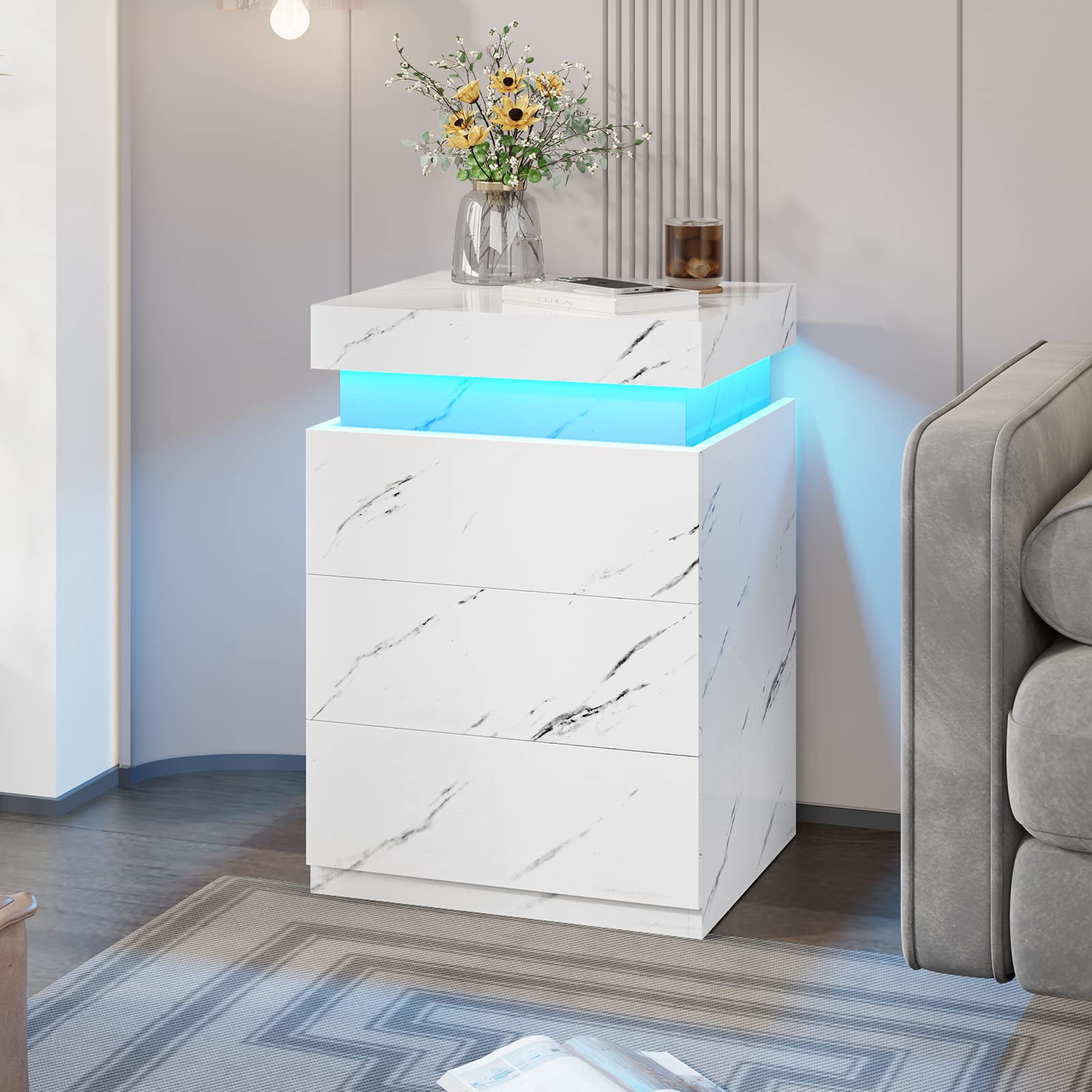 Modern LED Nightstand with 3 Drawers , White Nightstand Bedside Table Storage with Drawer Charging Station for Bedroom,USB Port,Smart Night Table with Sliding Top,2Pcs