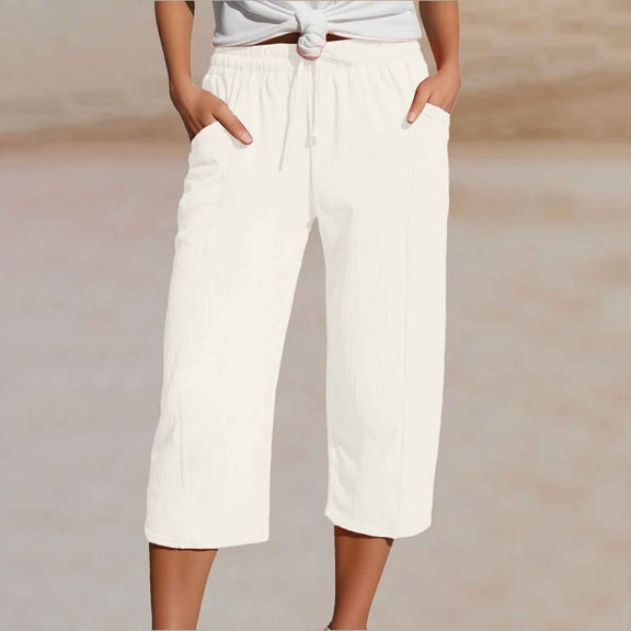 Capris Pants For Women Casual Summer Straight Wide Leg Loose Drawstring Elastic Waist Cropped Trouser Cotton Crepe Soft Beige L