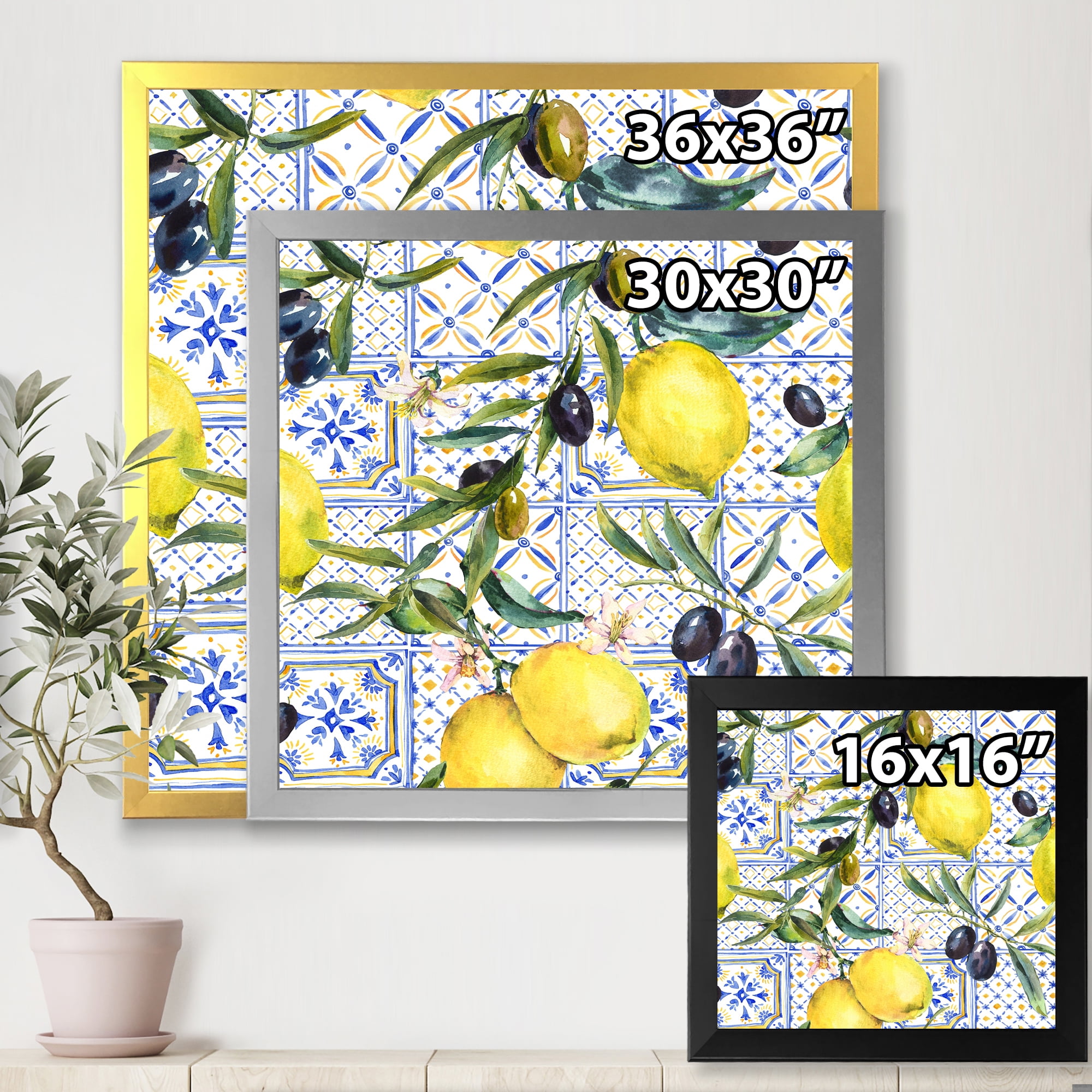 Designart 'Geometrical Pattern of Lemon Ornament On Blue III' Tropical Framed Art Print