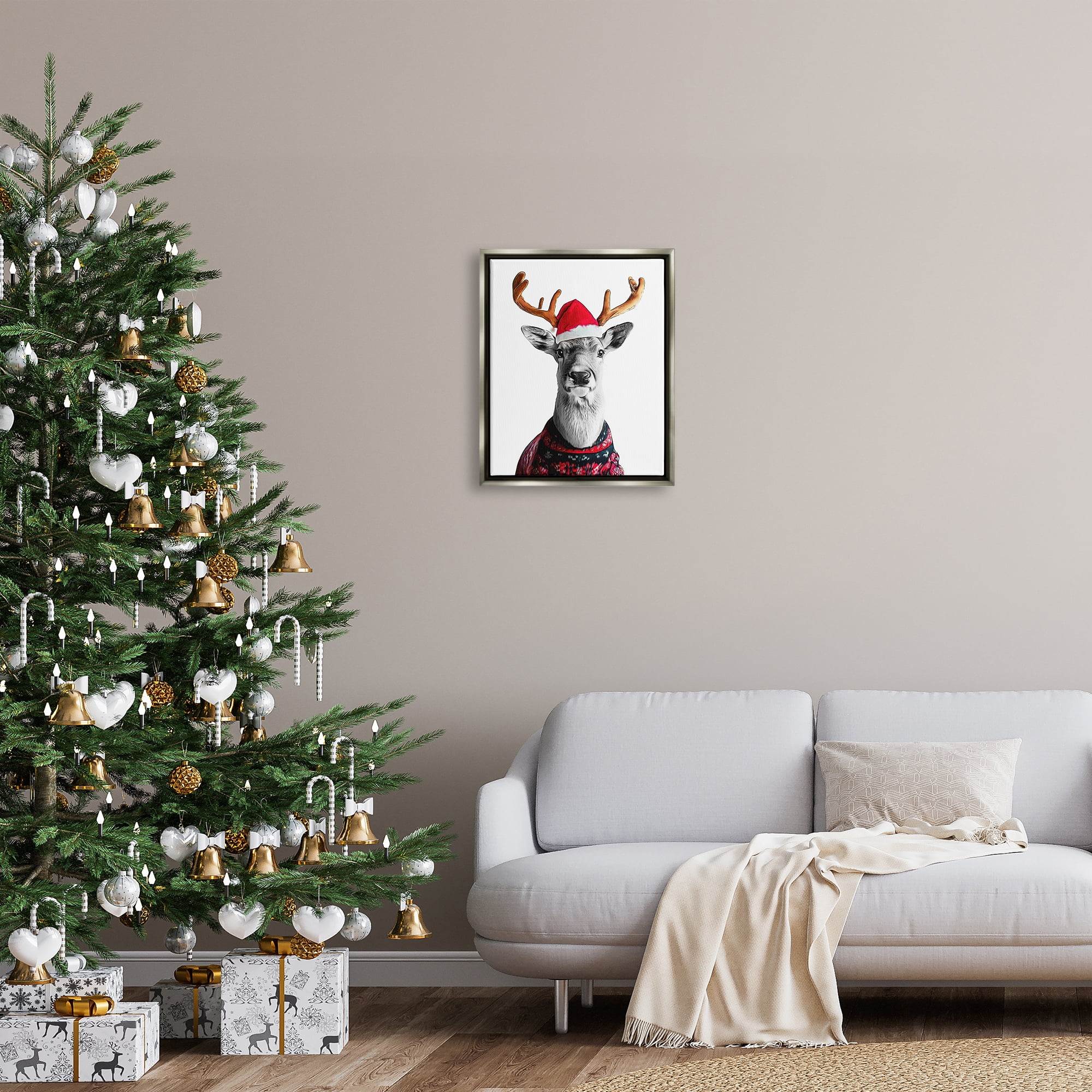 Stupell Industries Deer in Holiday Sweater Holiday Painting Gray Floater Framed Canvas Art Print Wall Art, 17 x 21