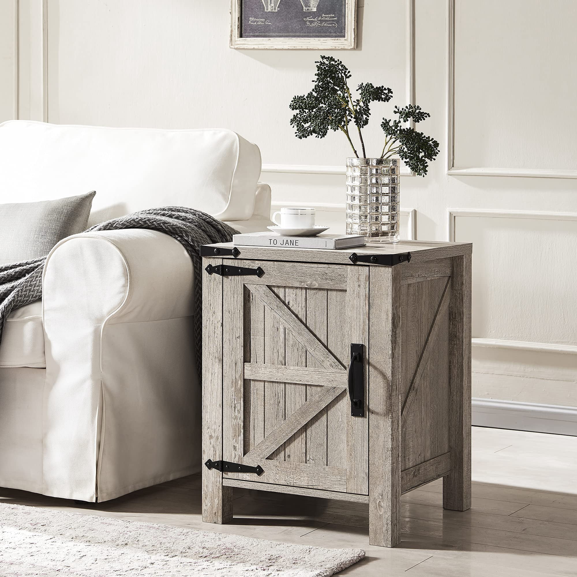 OKD End Table with Charging Station, Farmhouse Rustic Wood Side Table for Living Room, Bedroom, Light Rustic Oak