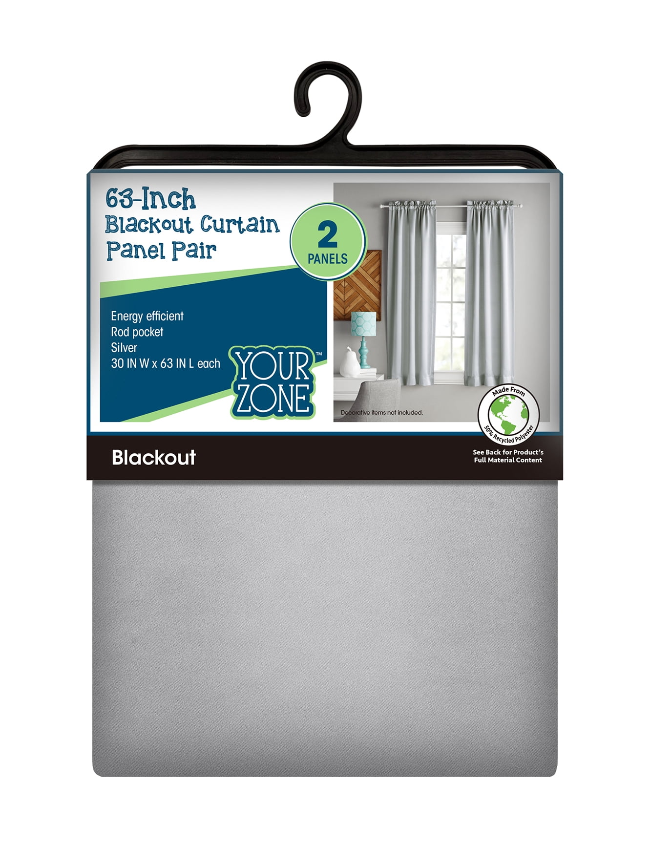 (2 pack) Your Zone Solid Blackout Rod Pocket Curtain Panel Pair, Set of 2, Silver, 30" W x 63" L