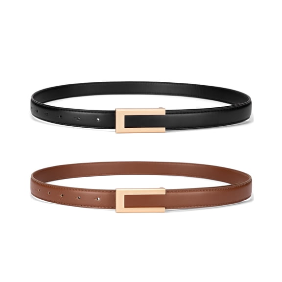 Timarkment Women's Skinny Leather Waist Belts with Golden Buckle, Brown and Black, 2-Pack