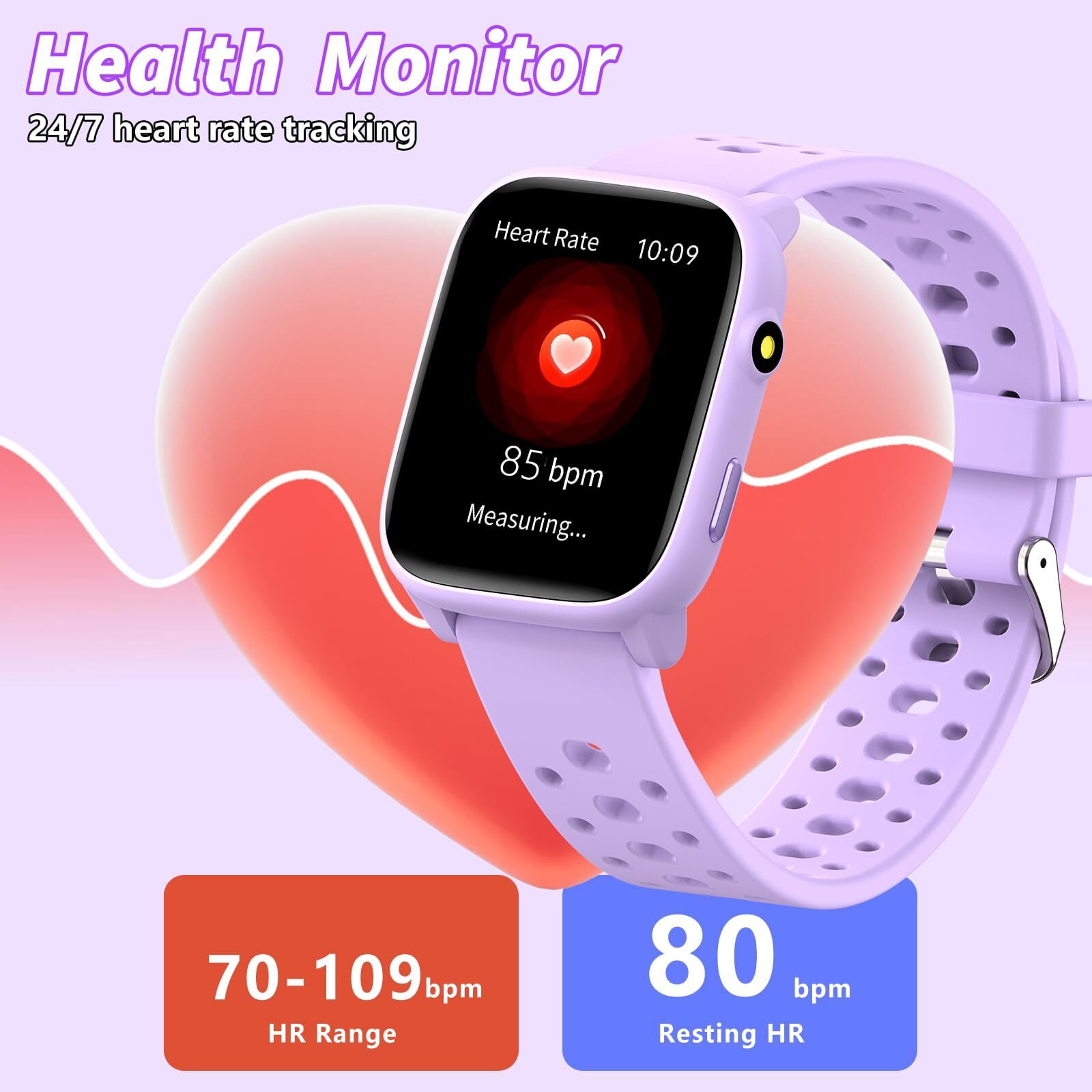 Kids Smart Watch 1.85" Upgrade - Fitness Tracker with Heart Rate Sleep Monitor Pedometer, 100+ Sports Modes, 12 Puzzle Games, Activity Tracker for Boys Girls Teens Aged 6-15 Outdoor Fun (Purple)