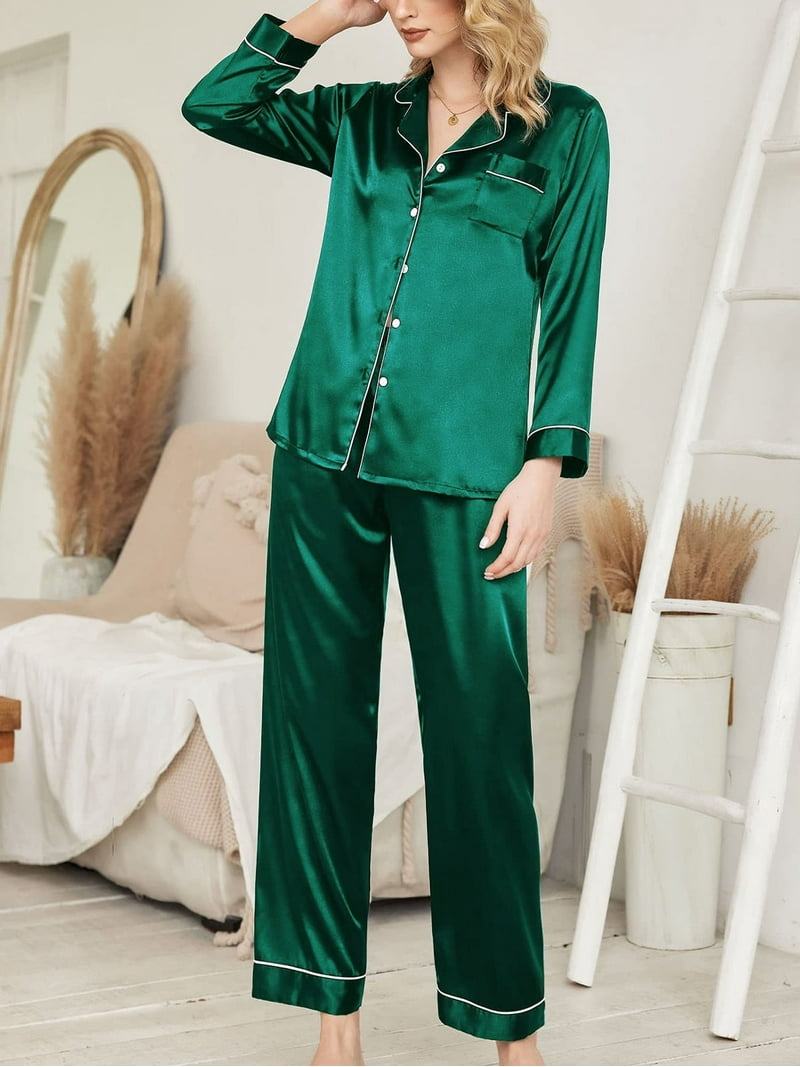 DAKIMOE Sleepwear Womens Silky Satin Pajamas Set Long Sleeve