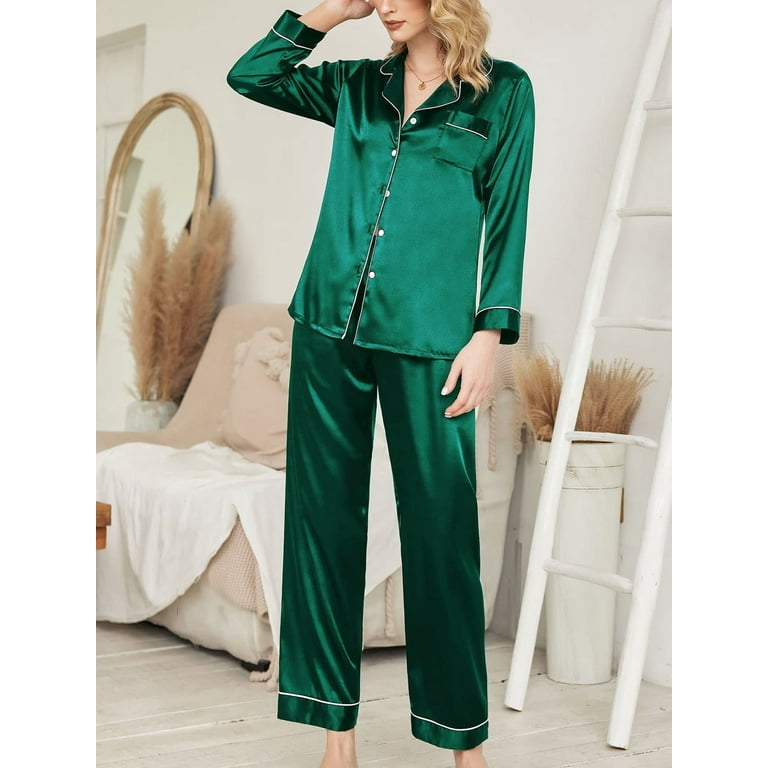 DAKIMOE Sleepwear Womens Silky Satin Pajamas Set Long Sleeve Nightwear Loungewear Green M