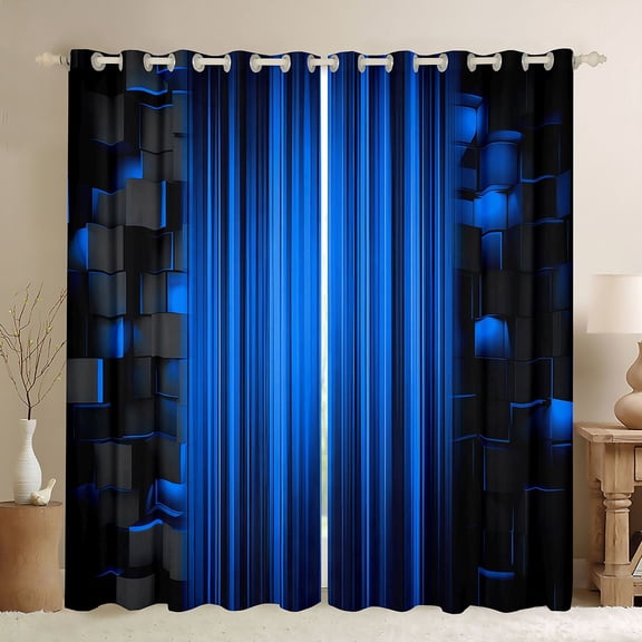 Manfei 3D Neon Stripes Kitchen Curtains, Vertical Lines Black Out Curtains Pack of 2 (42x63 Each), Blue Black