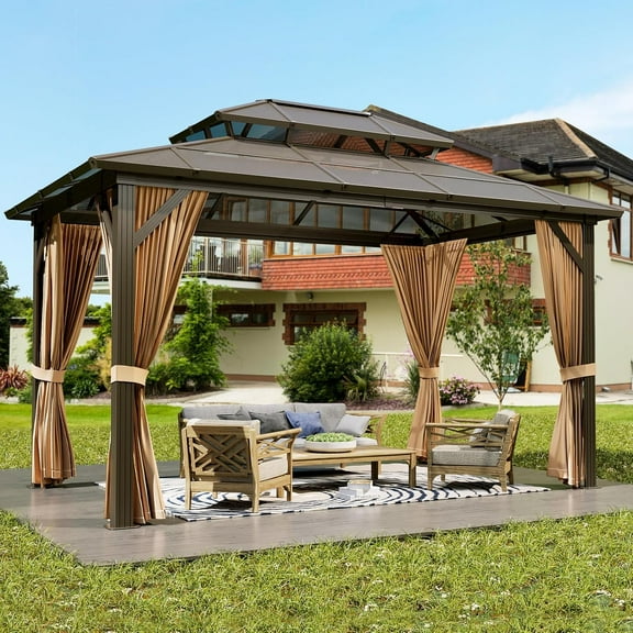 TROPOW Gazebos for Gardens,All Seasons Gazebos,Polycarbonate Double Roof, 10'x13' Aluminum Frame Outdoor Gazebo Permanent Pavilion with Curtains and Netting for Patio, Lawn & Garden