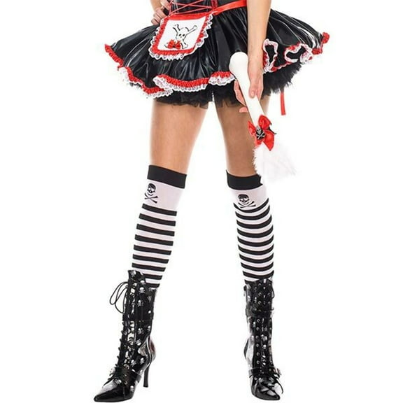 Music Legs Women's Women's Striped Opaque Thigh High with Cross Bone 4795-BLACK/WHITE