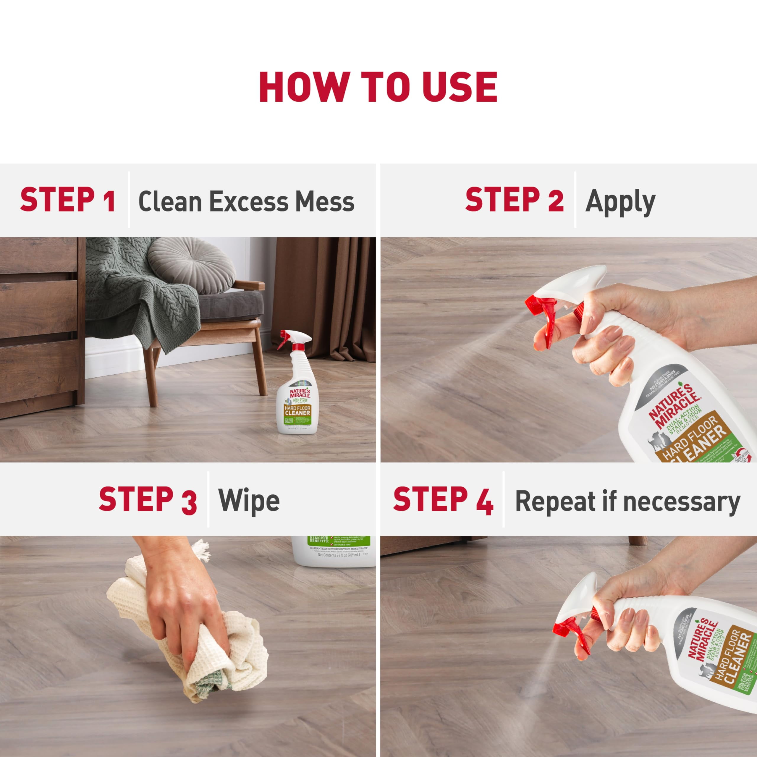 Nature's Miracle Hard Floor Cleaner, Dual-Action Dog & Cat Stain and Odor Remover, 24 oz