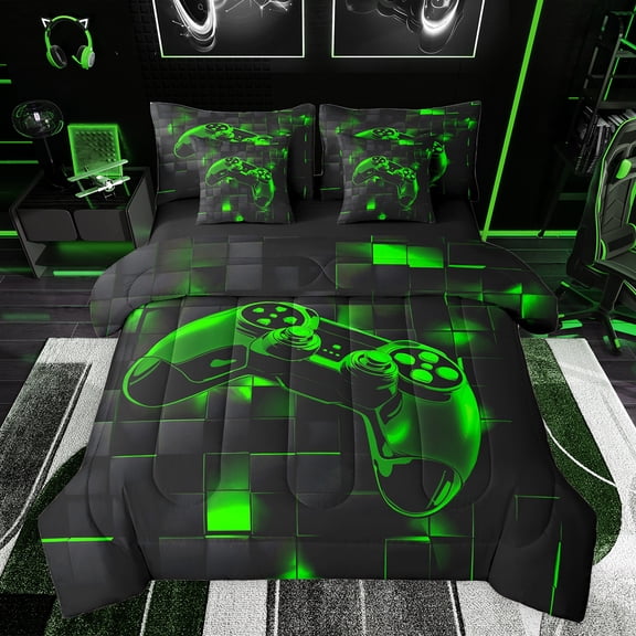 jejeloiu Cartoon Gamepard 7-Piece Twin Bedding Sets,Modern Geometric Grid Bedding Comforter Set,Black Green Plaid Sheet Sets For Boys Kids,Luxury Bedroom Decor Reversible