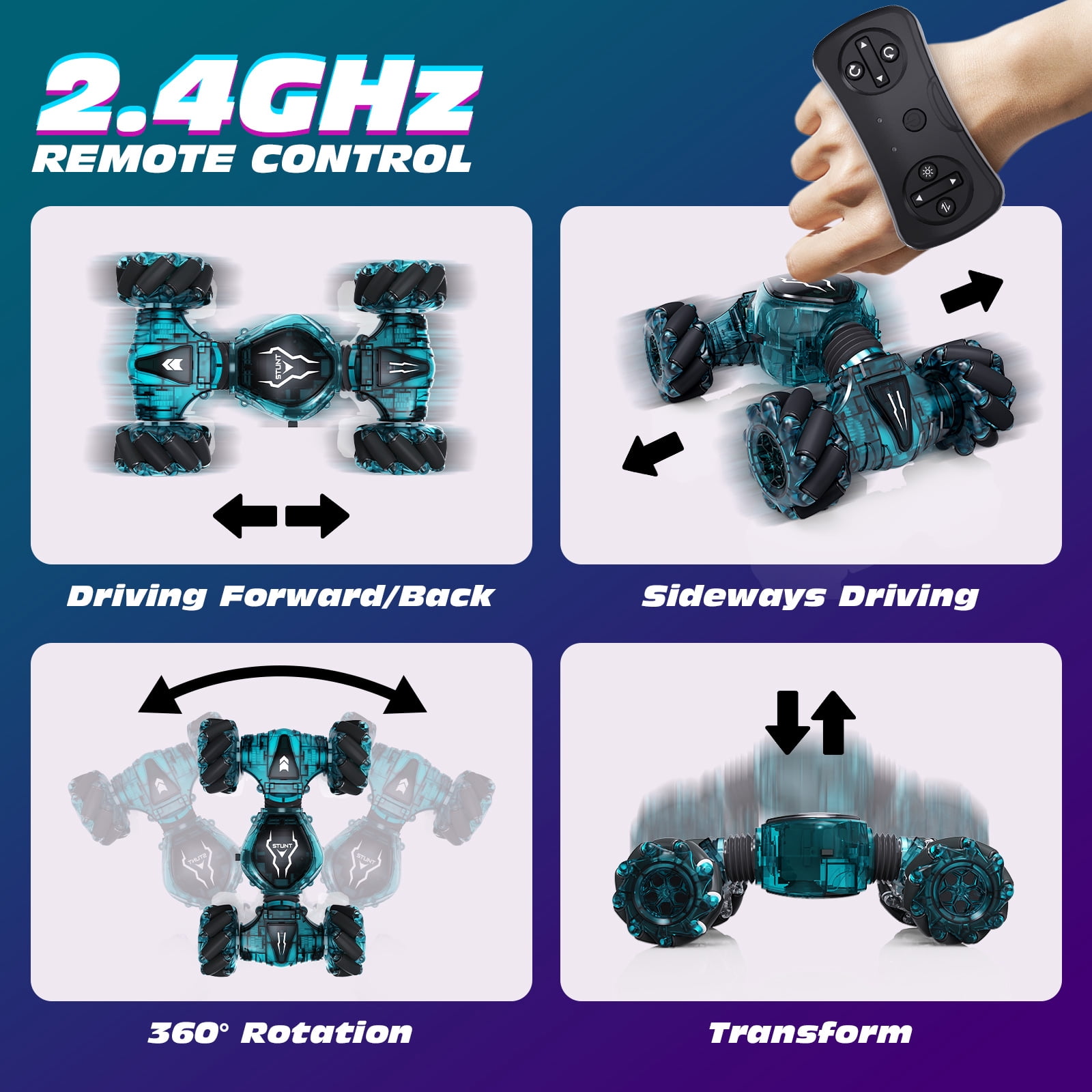 Tecnock Remote Control Car for Boys Girls, 2.4GHz 4WD Gesture Sensing RC Stunt Car Toys - 360° Rotating Double Sided Hand Controlled RC Cars with LED Lights, Gifts for Kids Ages 6-8, 8-12, Green