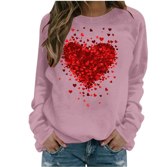 SuTry Womens Valentine's Romantic Heart Print Pullover Fall Winter Long Sleeve Round Neck Fashion Casual Sweatshirt(Pink,L)