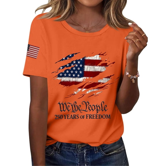 Short Sleeve Independence Day Women’s 250th Anniversary USA Shirt American Flag Retro Graphic Tee Orange L