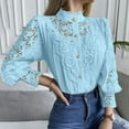 thumbnail image 4 of PiGOGI Women's Elegant Lace Shirts Solid Color Round Neck Blouse - Long Sleeve Button Down Tops Sky Blue XL, 4 of 6