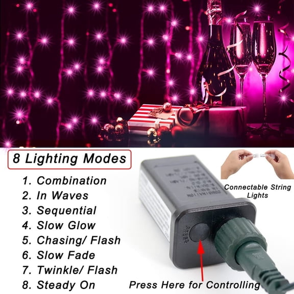 JINYUN-66 ft 200 LED Pink String Lights, Pink Lights Plug in, Indoor Outdoor Connectable 8 Modes Clear Wire Twinkle Fairy String Lights for Christmas Valentine's Day Wedding Bedroom Party
