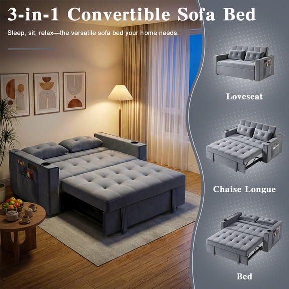 SHUO Y Sofa Sleeper 3-In-1 Convertible Sofa Bed Couch, Velvet Loveseat Sleeper with Put Out Bed and Adjustable Backrest, with Cup Holders, Side Pockets, USB Ports, 2 Pillows, Grey