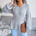 thumbnail image 2 of Mujeres Otoño Invierno suéter de punto Top linterna manga V cuello apretado cintura dobladillo ruffle Top gris S, 2 of 8