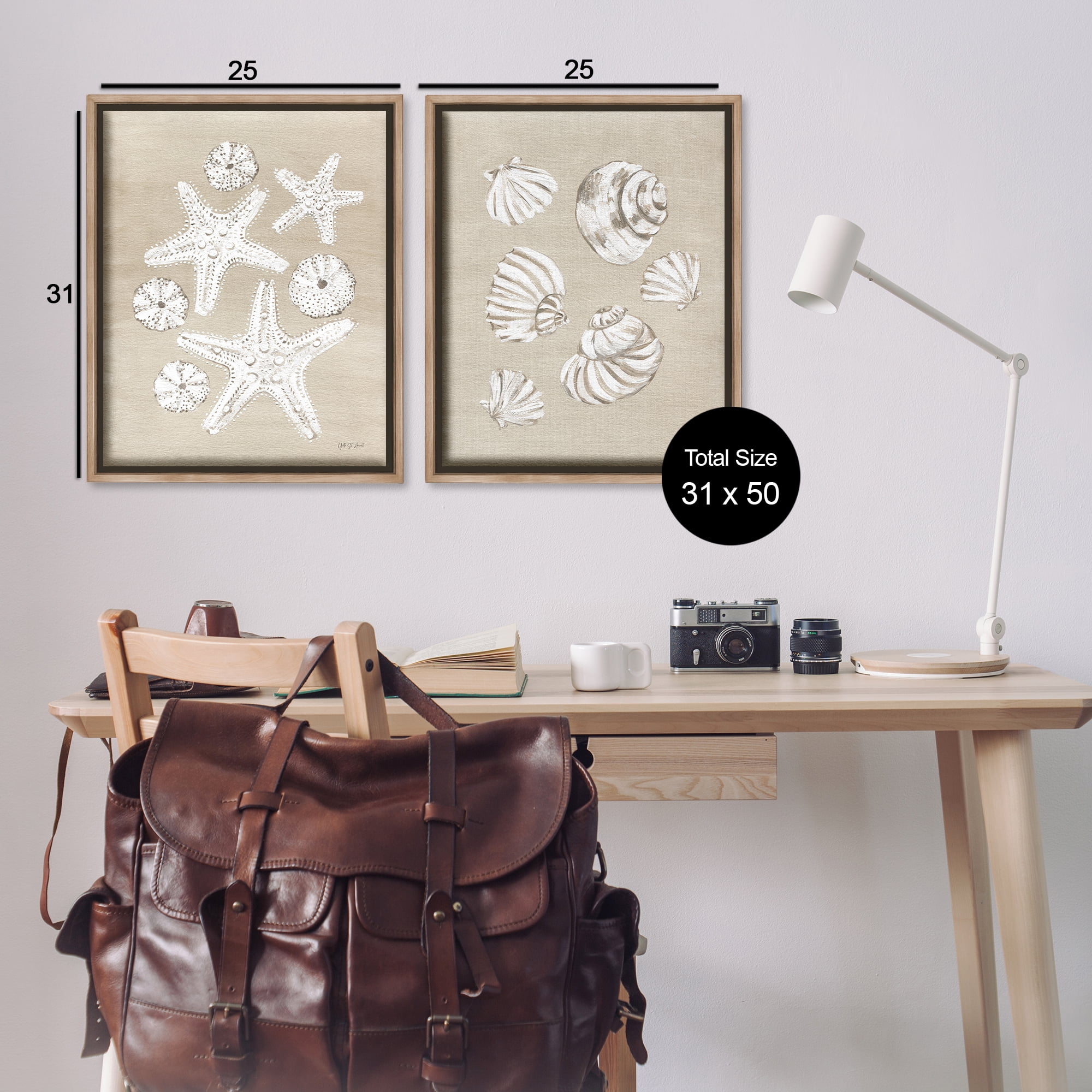 Stupell Industries Beach Treasure Starfish Shells Nautical & Beach Painting Brown Floater Framed Canvas Art Print Wall Art, 31 x 25, Set of 2