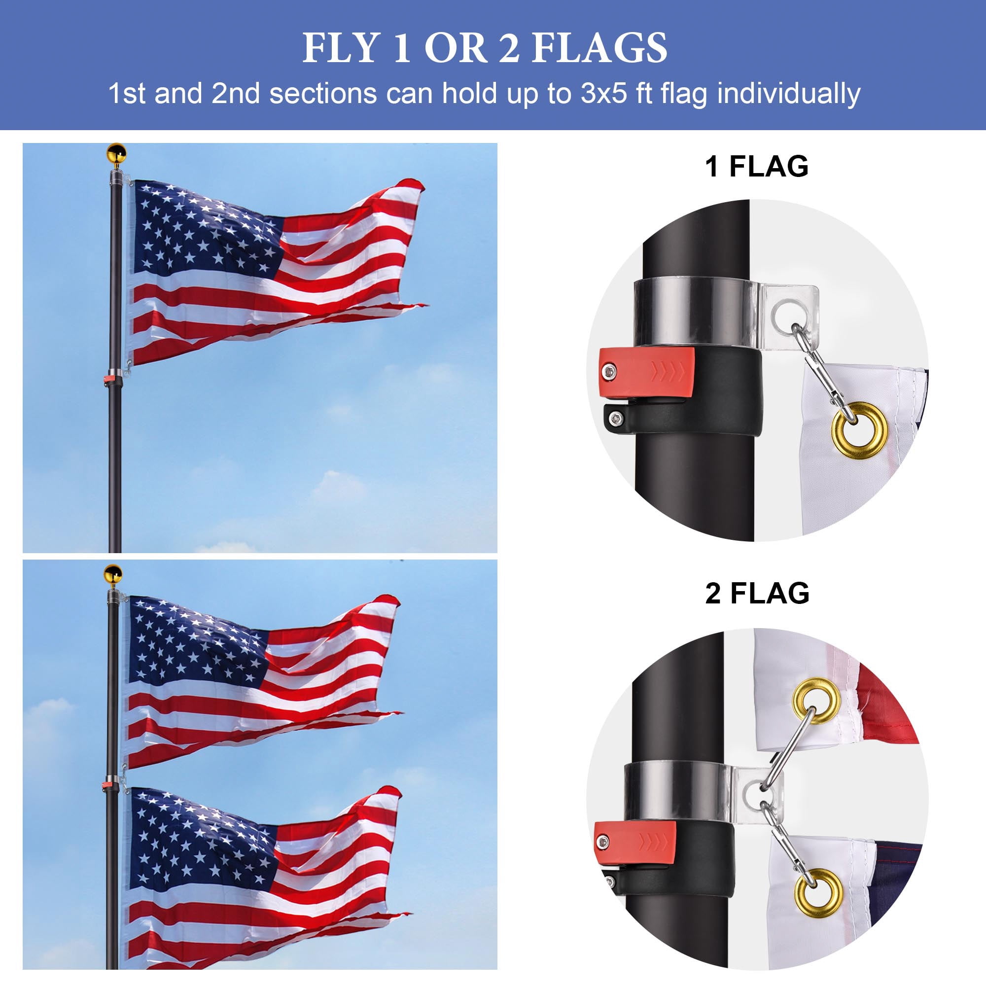 Yescom EZ GO 25Ft Telescopic Flag Pole Kit with Solar Light & Tire Mount Base for Tailgate Outside,Black