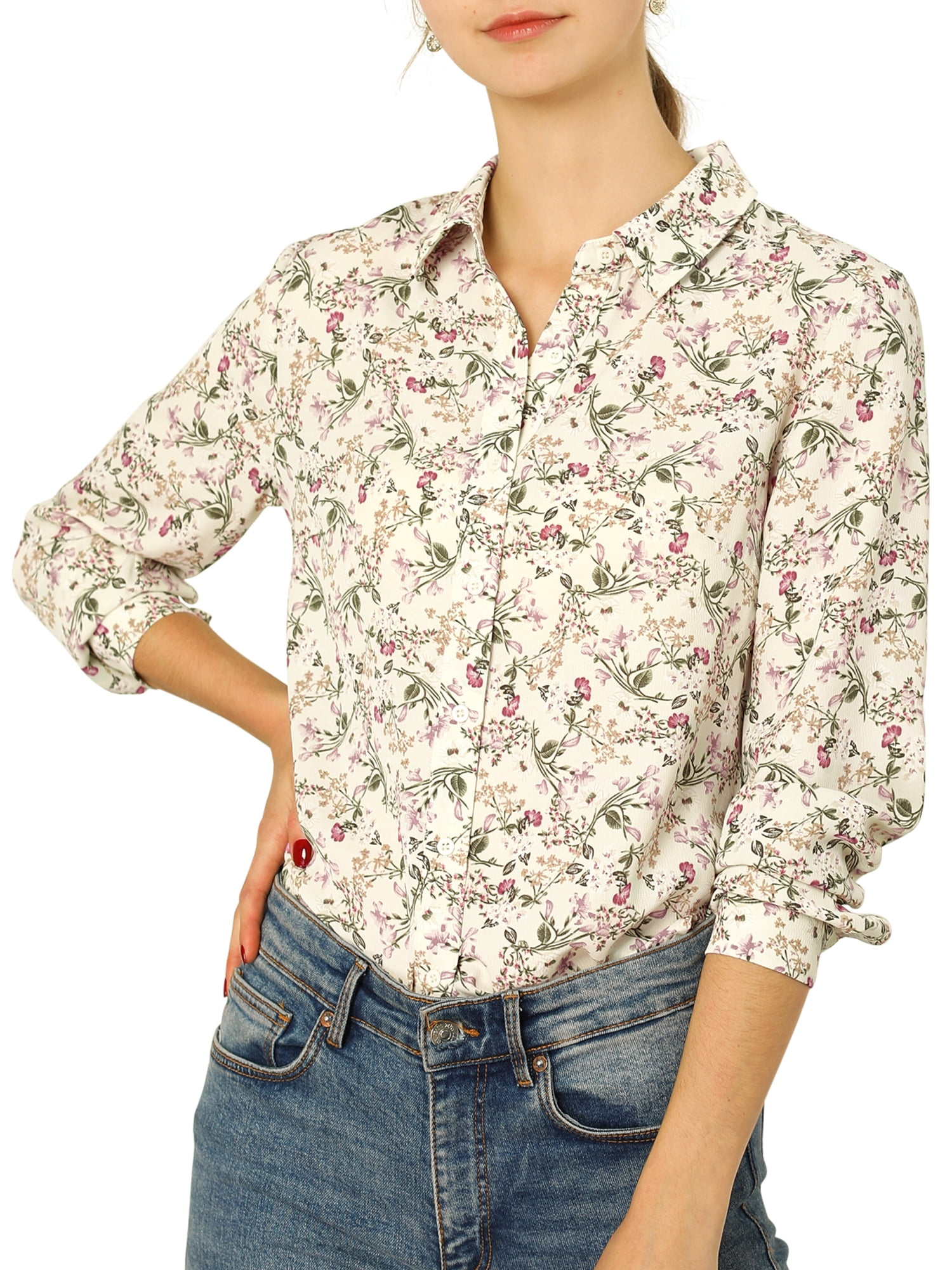 Unique Bargains - Women's Long Sleeve Button-Down Ditsy Floral Shirt ...