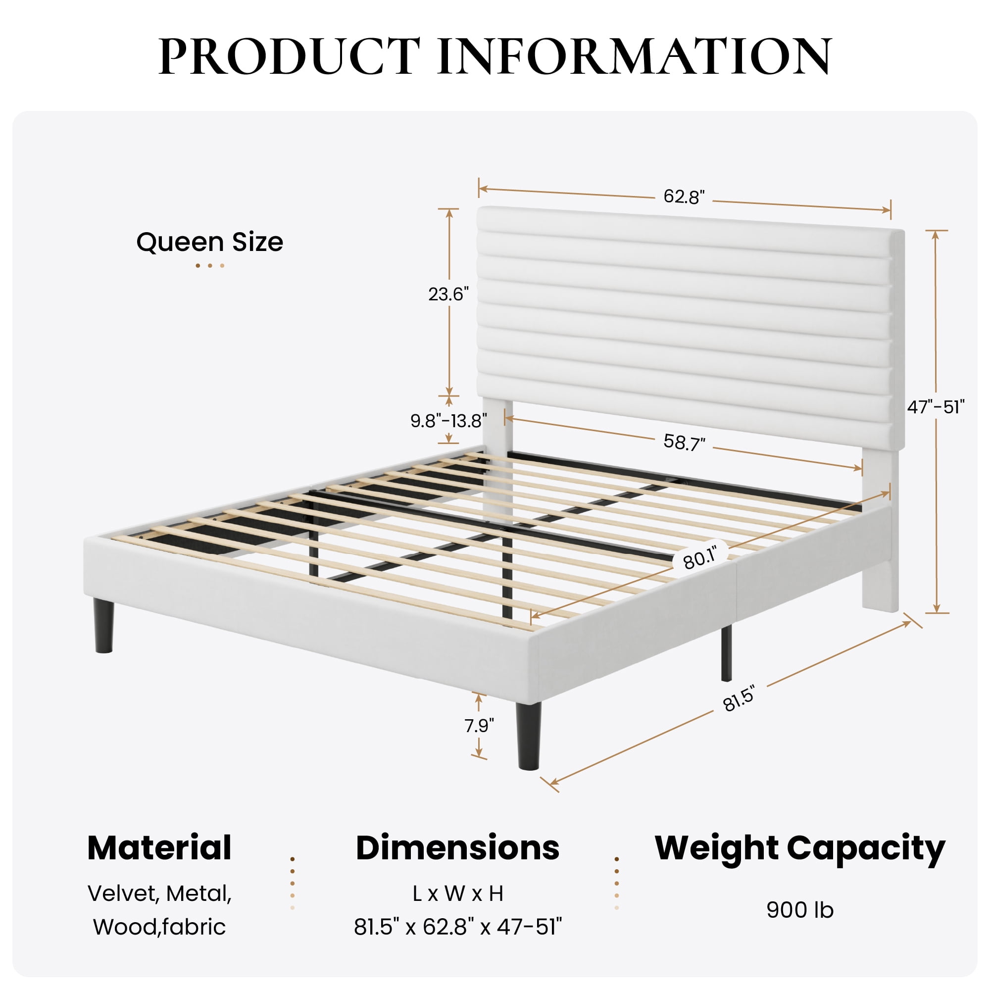 Sha Cerlin Queen Size Platform Bed Frame with Velvet Adjustable Headboard, No Box Spring Needed, White