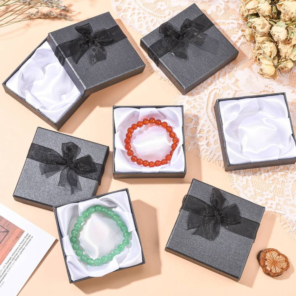 Bowknot Organza Ribbon Cardboard Bracelet Bangle Gift Boxes Square Black 90x90x27mm diy