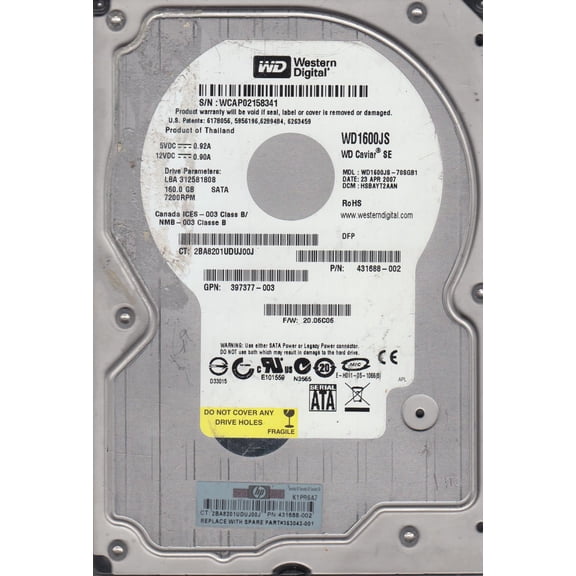 WD1600JS-70SGB1, DCM HSBAYT2AAN, Western Digital 160GB SATA 3.5 Hard Drive