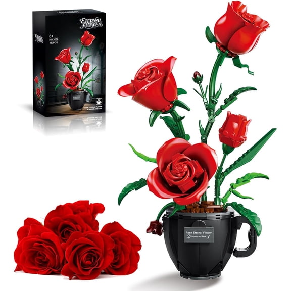 GZBricker Red Roses Flowers Bouquet Building Set, Compatible with Lego Botanical Collection Home Office Decor for Women Adults Girls 450PCS
