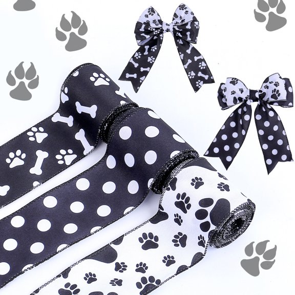 JMKQLZ Paw Print Ribbon Dog Bone Satin Ribbon Assortment Black White Ribbon, Assorted Ribbon for Crafts Dog Party Supplies Gift Wrapping Decoration