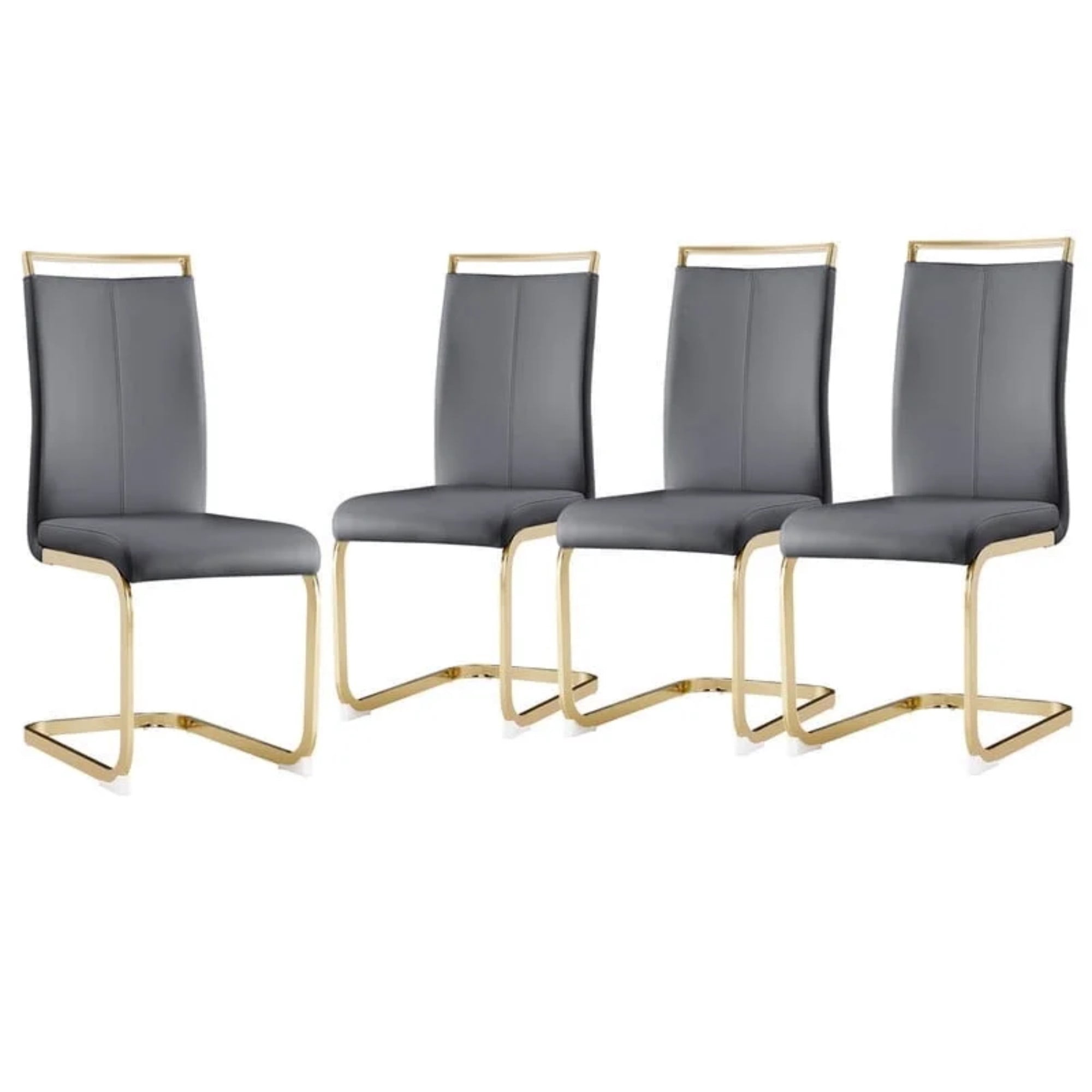 SUDICA Set of 4 Gray Faux Leather Dining Chairs, High Back Design with Gold Metal Legs for Dining Room