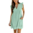thumbnail image 4 of WTXUE Plus+Dresses, Sun Dress Sleeveless with Pockets V-Neck, Women Lace Jacquard Cutout Liner Shorts Dress Solid Vestidos Casuales Para Mujer Verano Mid-Length Women's Plus, Green+3XL, 4 of 9