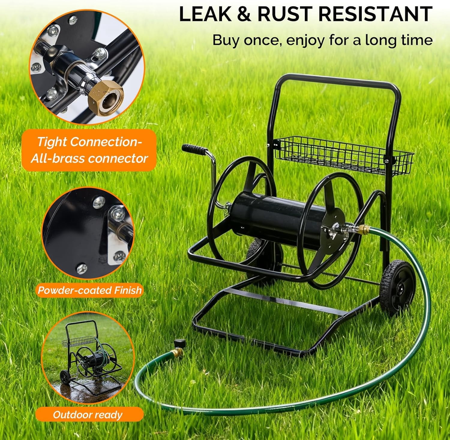 HJTER 2-Wheel Garden Hose Reel Cart, Freestanding Water Hose Reel for Outside with Heavy Duty Portable Rolling Design Metal, 200FT Capacity for 3/4" Hose for Outdoor Use (Black)