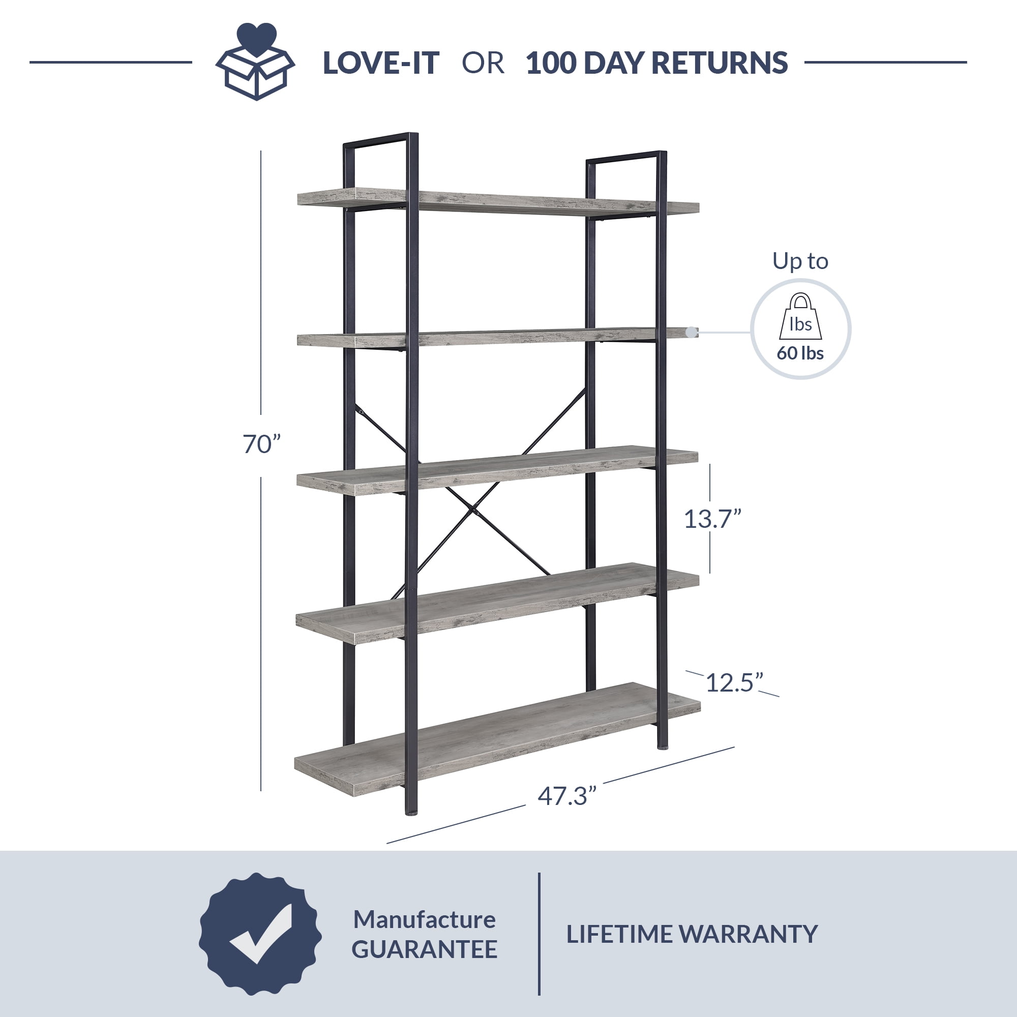 BELLEZE 5 Tier Modern Rustic Industrial Bookshelf - Hazel (Gray Wash)