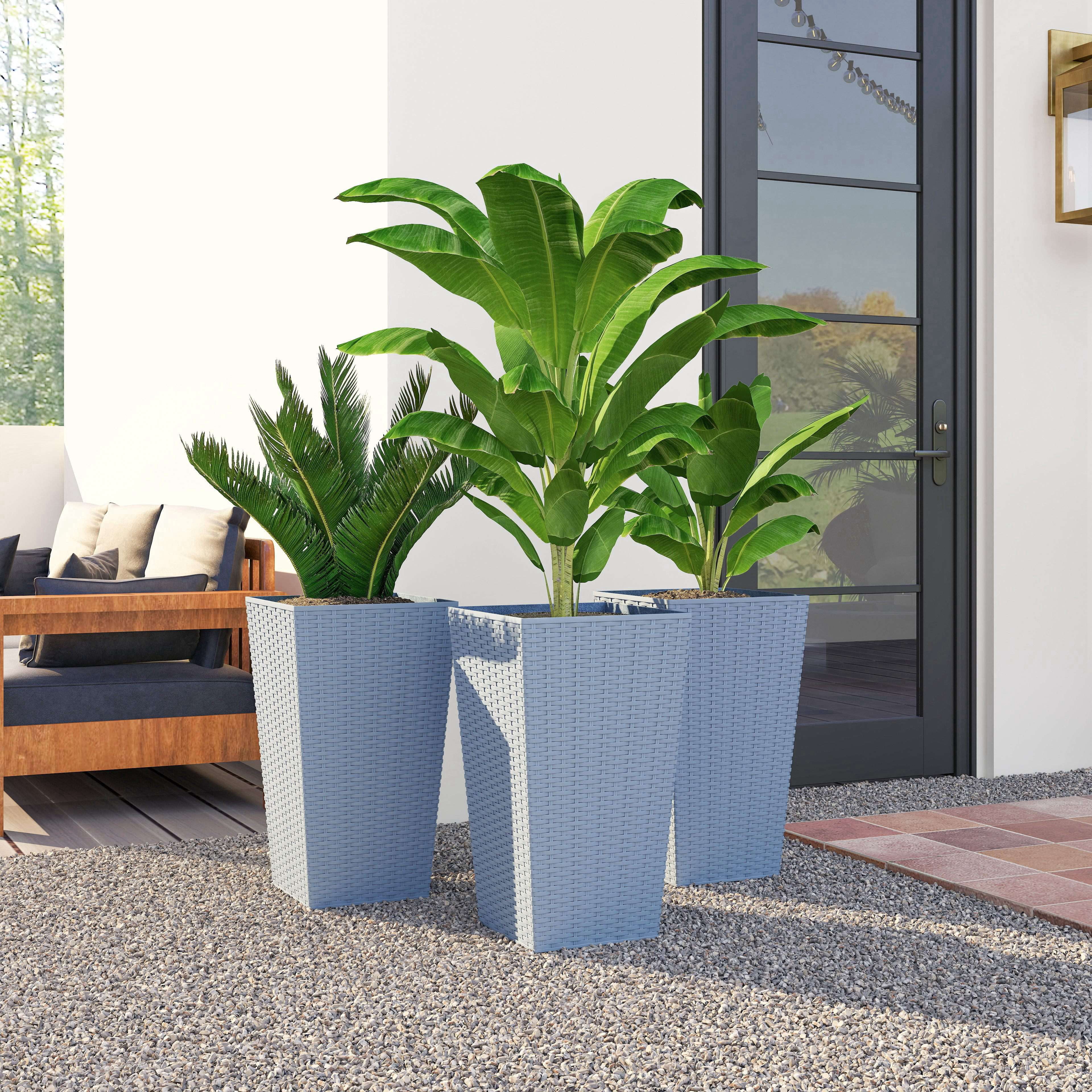 Outsunny Set of 3 Tall Planters with Drainage Holes, Outdoor & Indoor Flower Pot Set for Front Door, Entryway, Patio and Deck, Light Gray
