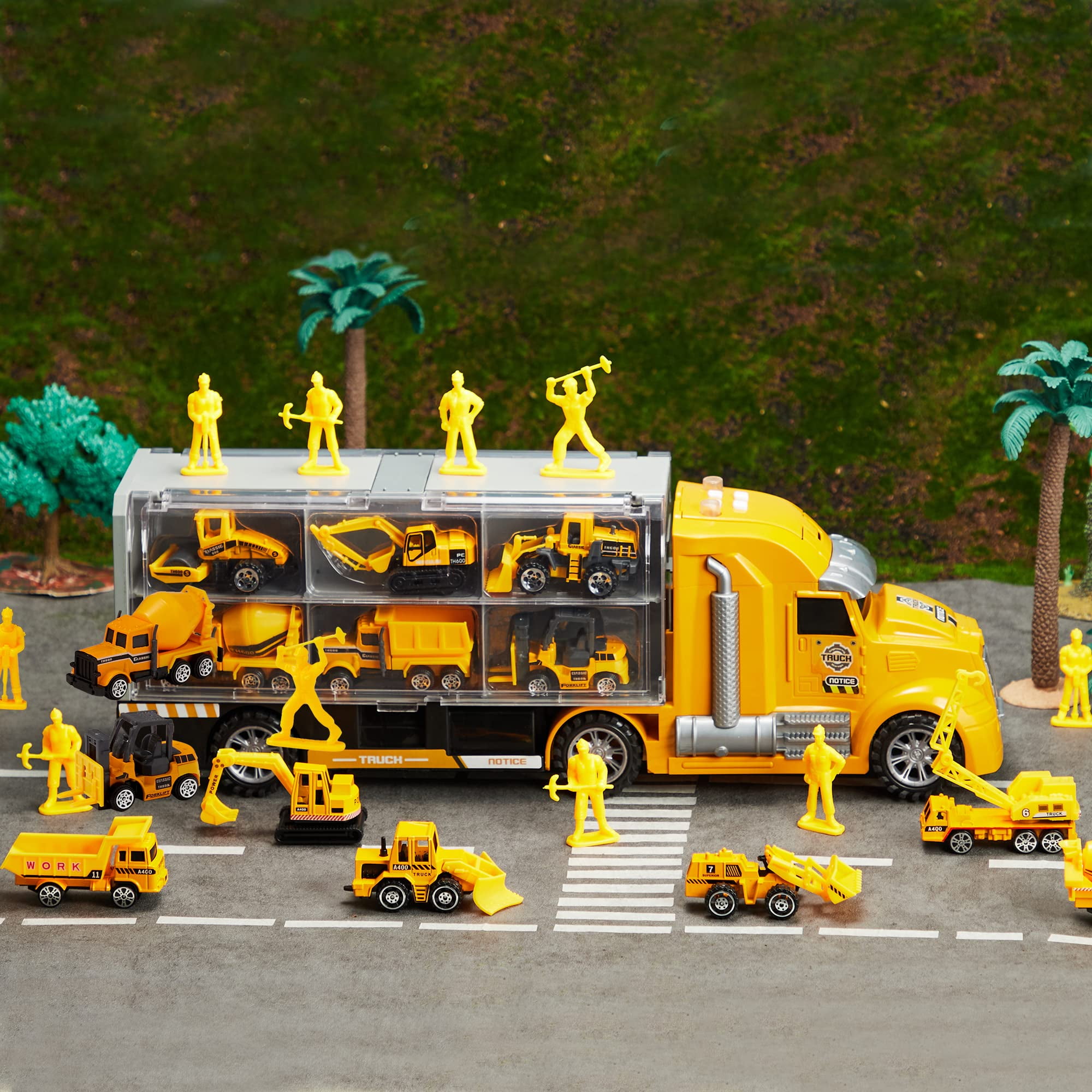 Joyfy 25 in 1 Die-cast Construction Big Truck Toys,Car Transporter Storage Truck with Sounds and Lights, Great Christmas Birthday Gifts for Toddlers Kids Boys & Girls