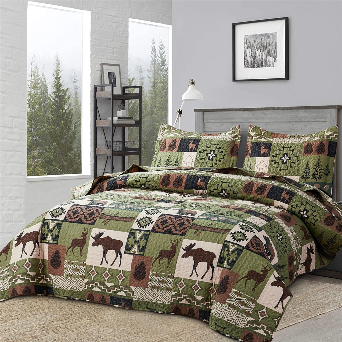 Beartech Quilt Set Queen Size Rustic Bedding Green Plaid Quilt Forest Moose Bear Bedding Lodge Cabin Bedspread Coverlet Lightweight Reversible Microfiber Quilt