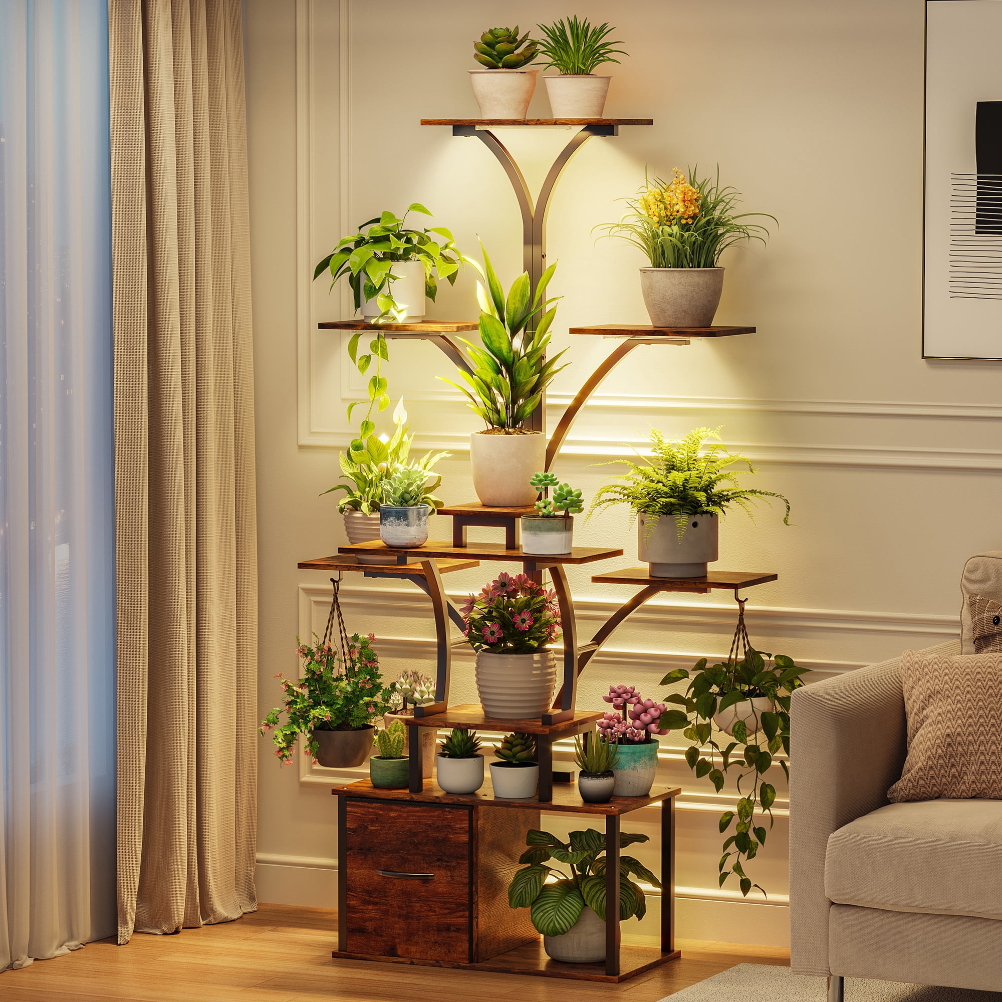 eChamp Plant Stand with Grow Light 3 Color Modes & Storage Drawer, 63" Tall Indoor Plant Shelf 10-Tier Metal Plant Rack Flower Holder for Home, Patio, 10 Brightness Levels, Timer, Wide Base
