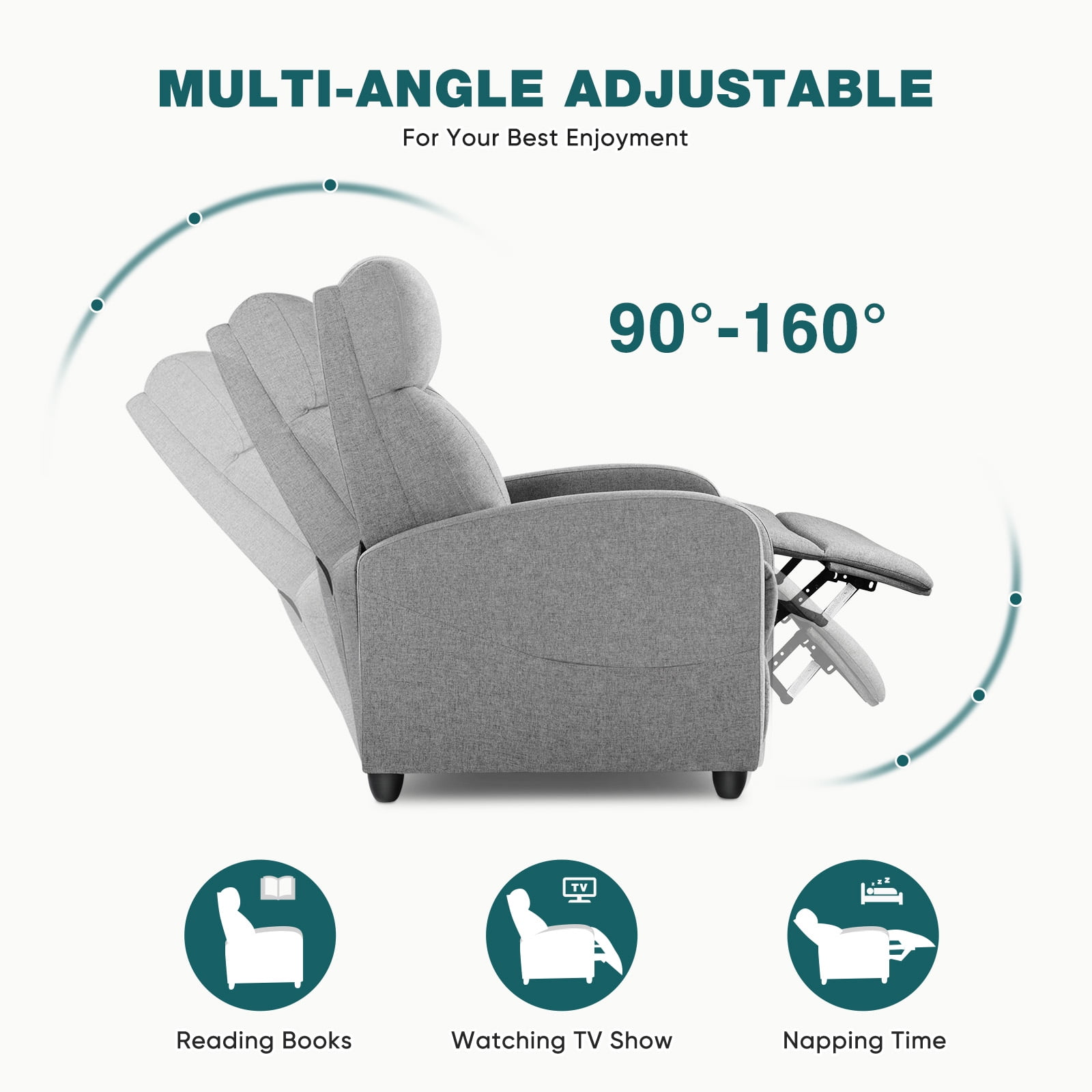 CONCETTA Massage Recliner Chair with Vibration, Small Sofa for Living Room & Home Theater, 160° Recline, 275lb Capacity, Gray