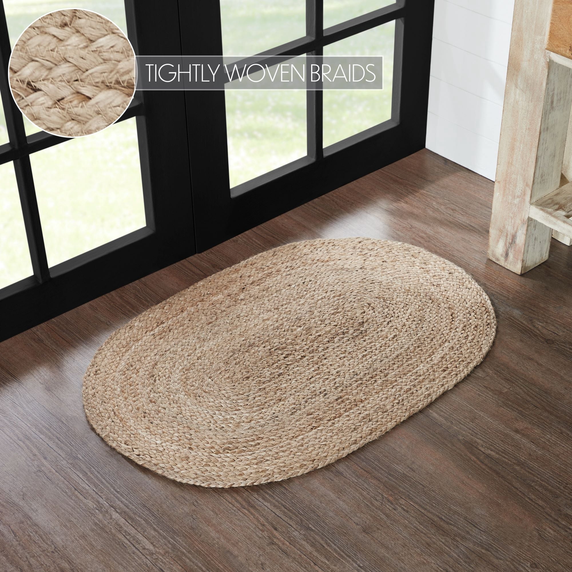 VHC Brands Jute Rug 24x36 w/Pad, Jute Area Rug, Accent Rug, Floor Decor, Braided, Natural Jute Collection, Oval 24x36, Natural