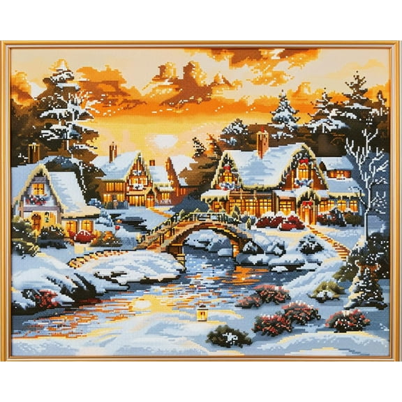 Festive Christmas Scene with Snow Cottages DIY 11CT Stamped Cross Stitch Kits for Beginners Easy Needlepoint Embroidery Counted Cross Stitch Art Craft for Wall Decoration 12x16inch(4)