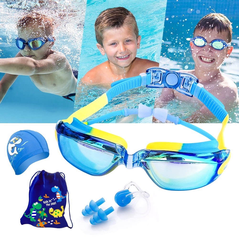 Kepooman Kid' s One-piece Earplugs Big Frame Swimming Goggles for Child, Blue Kepooman Kid' s One-piece Earplugs Big Frame Swimming Goggles for Child, Blue