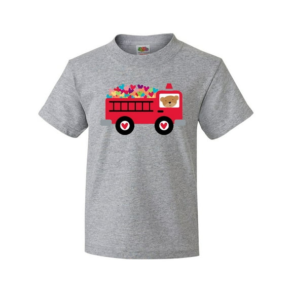 Inktastic Valentine Fire Truck Heart Bear Youth T-Shirt