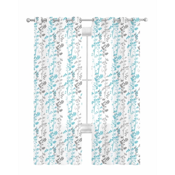Aqua Grey Botanical Sheer Curtains 84 Inch Length 2 Panels Set for Living Room/Bedroom, Spring Floral Summer Farmhouse Kitchen Curtains Grommet Semi-Sheer Curtains Drapes Window Treatments 42"x84"x2