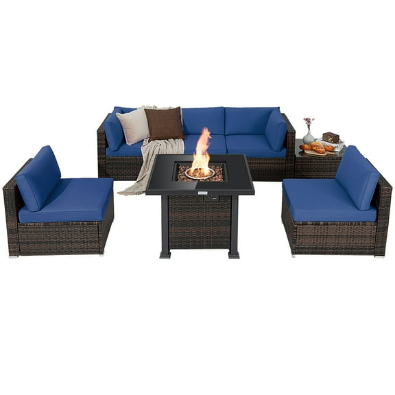 Patiojoy Patio Rattan 7PCS Cushioned Chair Set Furniture Set Thick Cushion w/ 50,000 BTU Propane Fire Pit Table for Garden Navy