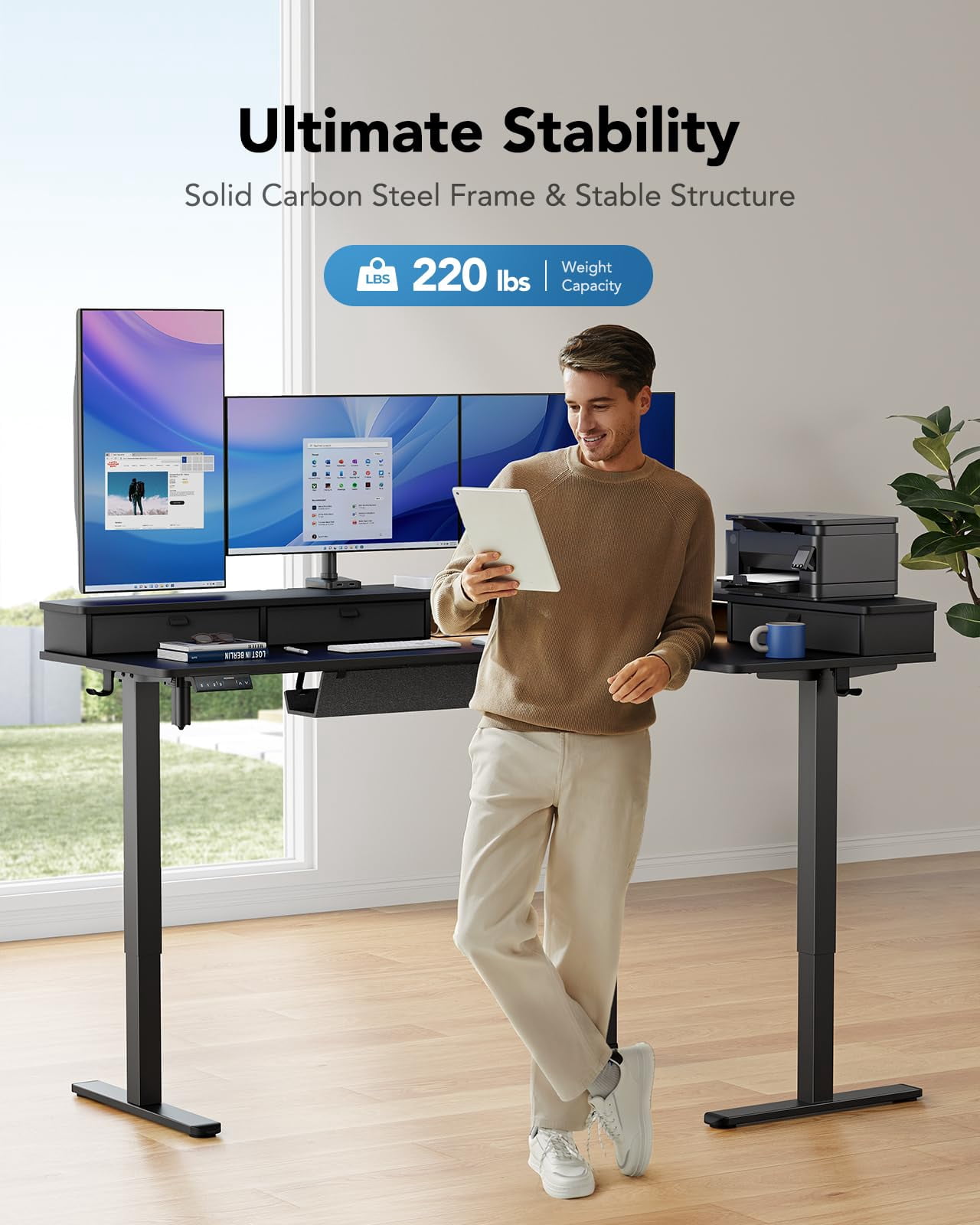 65″ L-Shaped Standing Desk with Power Outlets & LED Strip, Support C-Clamp Mount, Electric Height Adjustable Corner Computer Desk with 3 Drawers, Sit Stand Up Desk with Large Power Strip Holder